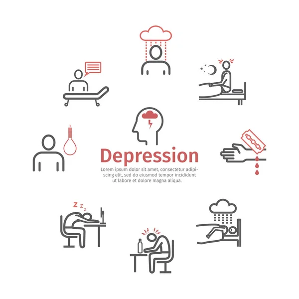 Depresyon belirtileri, tedavi. Satır simgeleri ayarlandı. Web grafikleri için vektör işaretleri.