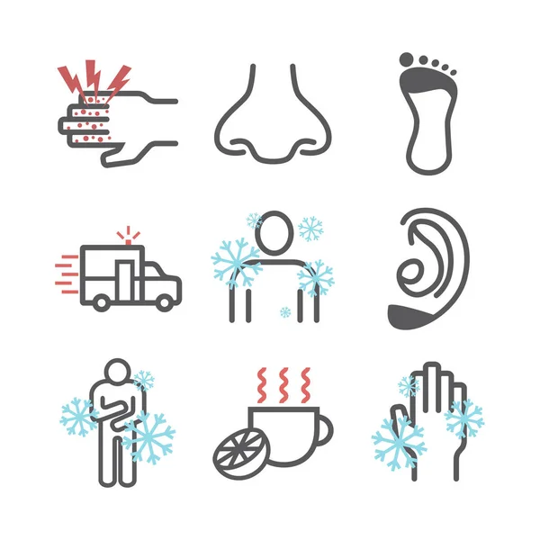 Frostbite Symptoms Line Icons Set Vector Signs Web Graphics — Stock Vector