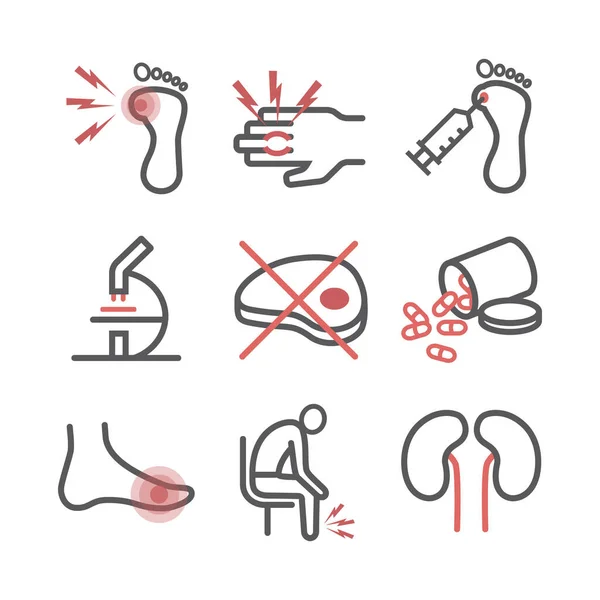 Gout Symptoms Treatment Line Icons Set Vector Signs Web Graphics — Stock Vector