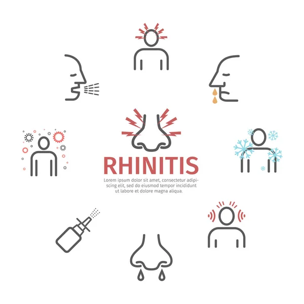 Rinitis Síntomas Tratamiento Juego Iconos Línea Signos Vectoriales Para Gráficos — Archivo Imágenes Vectoriales