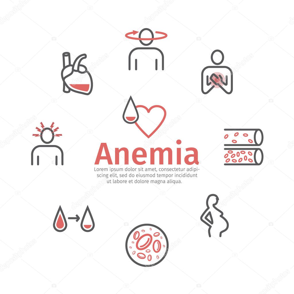 Anemia symptoms icons. Medical and healtcare concept. Editable vector illustration in modern style.