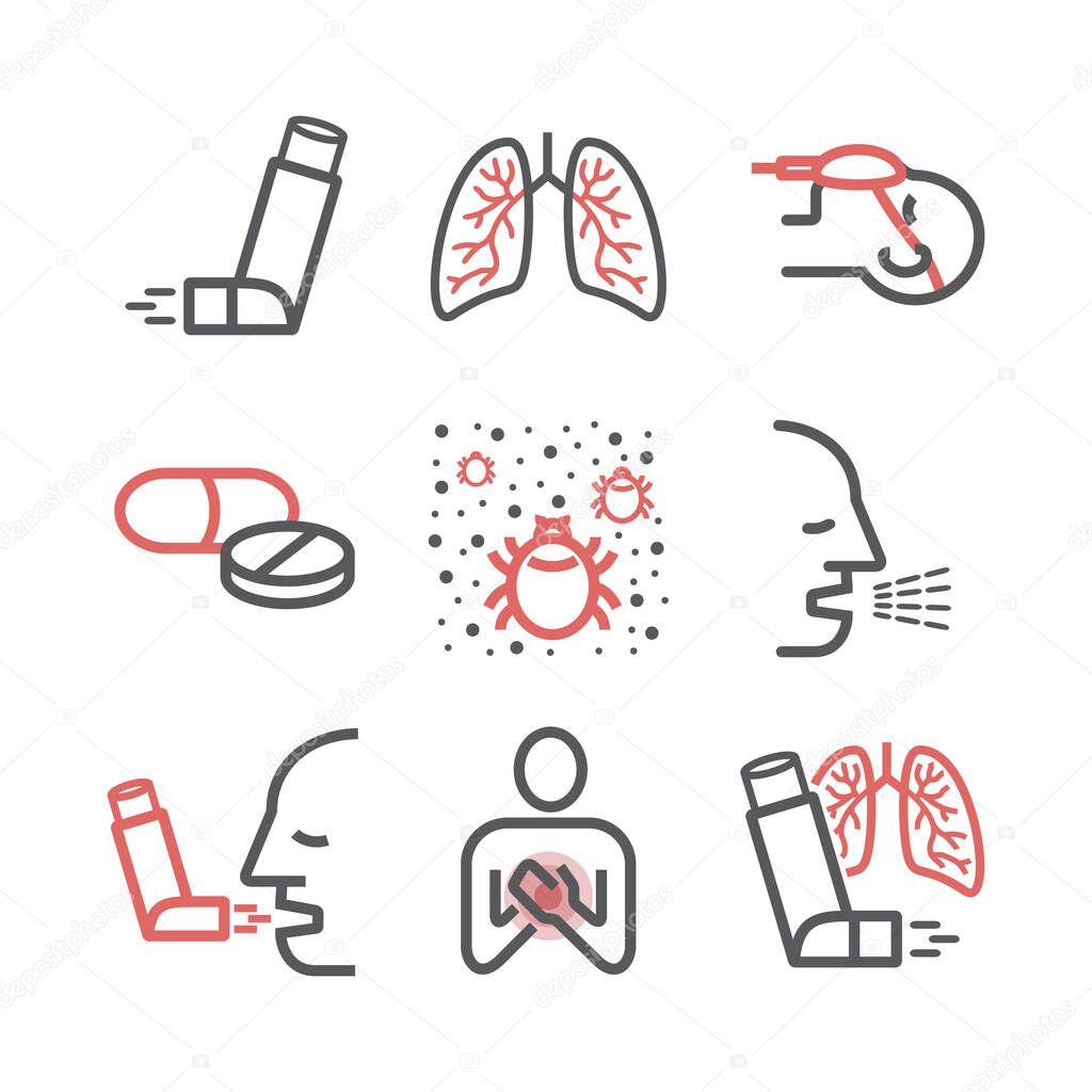 Asthma banner. Symptoms. Asthma icons Vector set