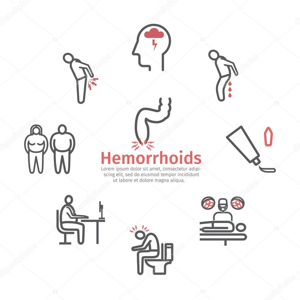 Hemorrhoids line icon Infographics. Symptoms, Treatment. Vector signs for web graphics.