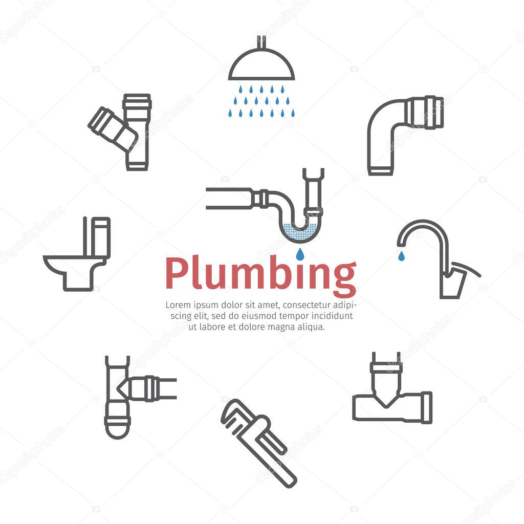 Plumbing, water pipes, sewerage line icon set. Vector illustration