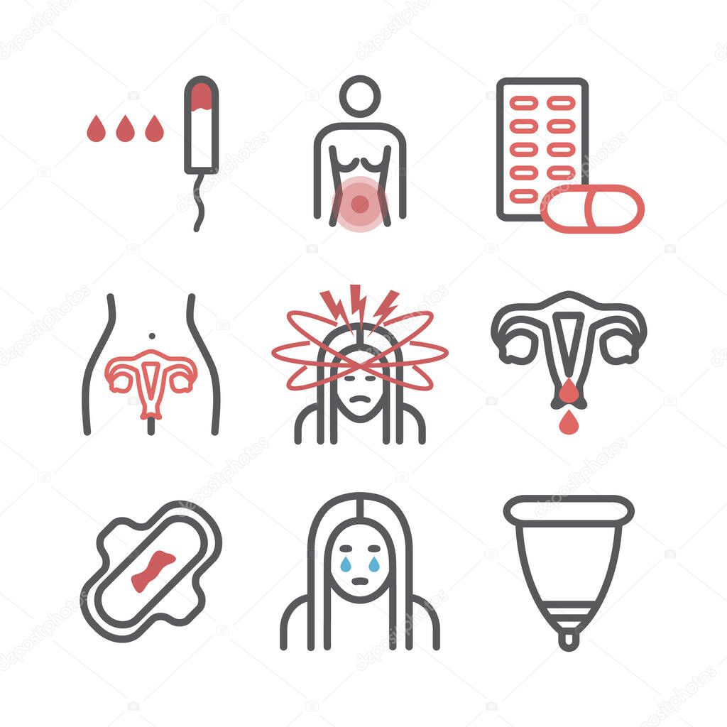 Menstrual pain. Line banner. Vector signs for web graphics.