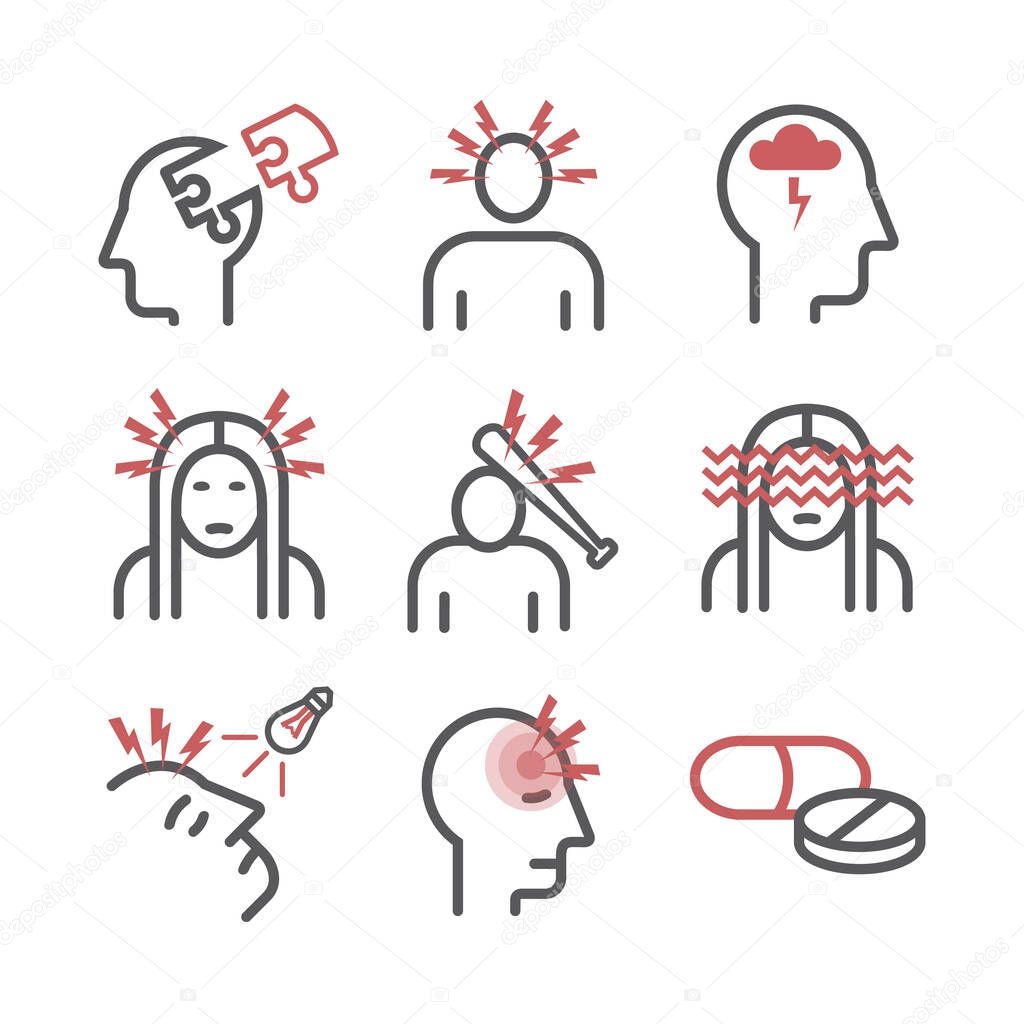 Migraines Infographics. Migraine symptoms. Headache line icons. Vector set