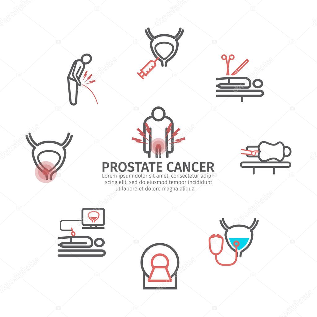 Prostate Cancer. Symptoms, Causes, Treatment. Line icons set. Vector signs for web graphics.