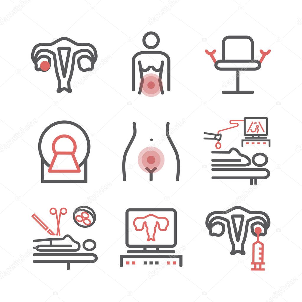 Ovarian Cancer. Symptoms, Causes, Treatment. Line icons set. Vector signs for web graphics