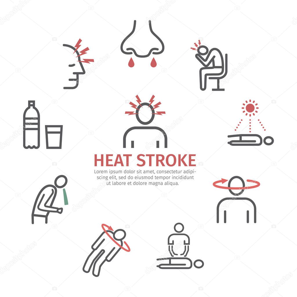 Heat stroke. Line icons set. Vector signs for web graphics.