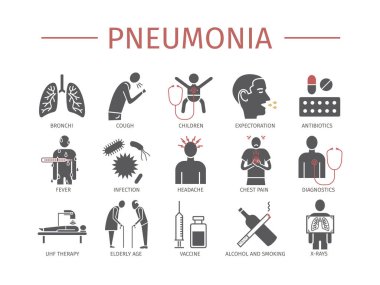 Pneumonia. Symptoms, Treatment. Flat icons set. Vector signs for web graphics clipart
