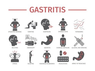 Gastrit. Semptomlar, tedavi. Simgeler web grafikleri için vektör işaretleri belirledi