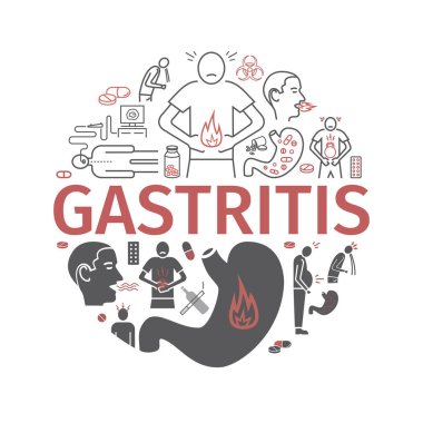 Gastritis. Symptoms, Treatment. Line icons set. Vector signs for web graphics clipart
