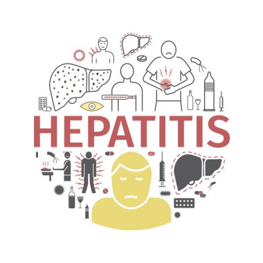 Hepatit çizgi simgesi Infographics. Semptomlar, tedavi. Web grafikleri için vektör işaretleri.