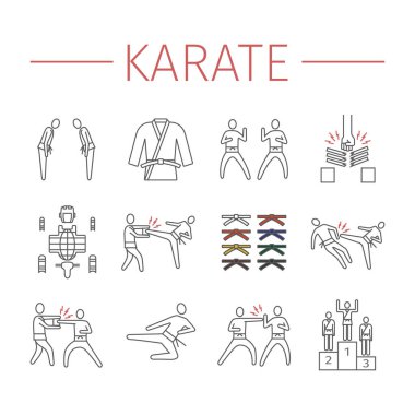 Karate çizgisi simgeleri ayarlandı. Web grafikleri için vektör işaretleri