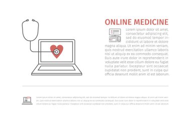 Online tanı ve tedavi. Sanal tıbbi danışmanlık. Vektör hattı afişi. Düz bilgi kümesi.