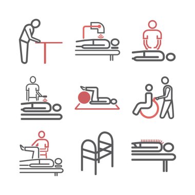 Fizyoterapi ve rehabilitasyon merkezi için ince çizgi ikonları. Web grafikleri için vektör işaretleri