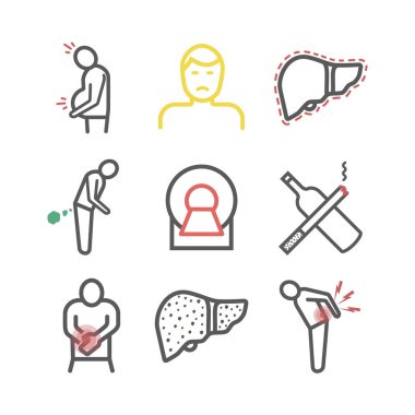 Siroz. Semptomlar, tedavi. Düz simgeler ayarlandı. Web grafikleri için vektör işaretleri