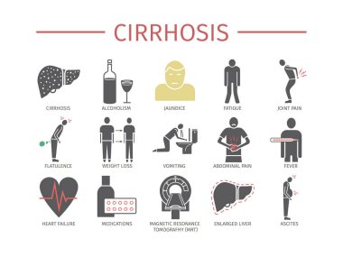 Cirrhosis. Symptoms, Treatment. Flat icons set. Vector signs for web graphics clipart