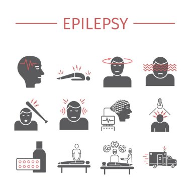 Epilepsi. Semptomlar, tedavi. Düz simgeler ayarlandı. Web grafikleri için vektör işaretleri