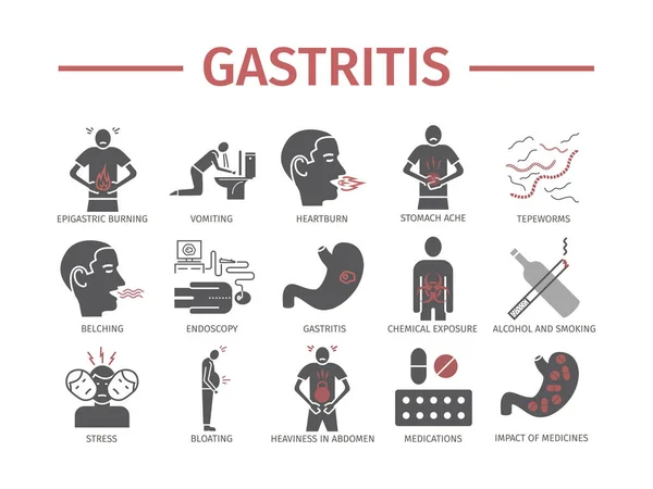 Gastritis Síntomas Tratamiento Conjunto Iconos Signos Vectoriales Para Gráficos Web — Vector de stock