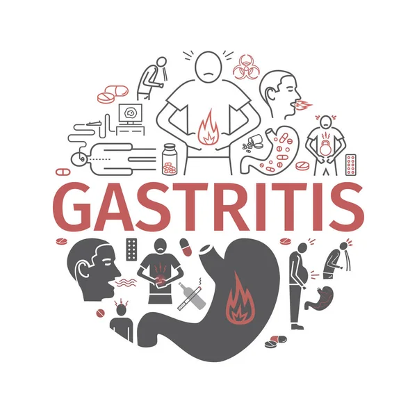 Gastrit Symtom Behandling Linjeikoner Inställda Vektorskyltar För Webbgrafik — Stock vektor