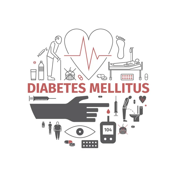 Gejala Diabetes Mellitus Dan Simbol Diabetes Ikon Datar Ditata - Stok Vektor