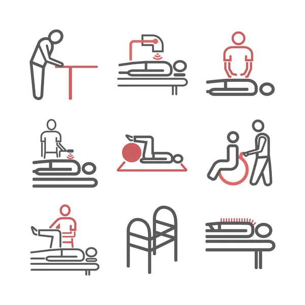 Fizyoterapi ve rehabilitasyon merkezi için ince çizgi ikonları. Web grafikleri için vektör işaretleri