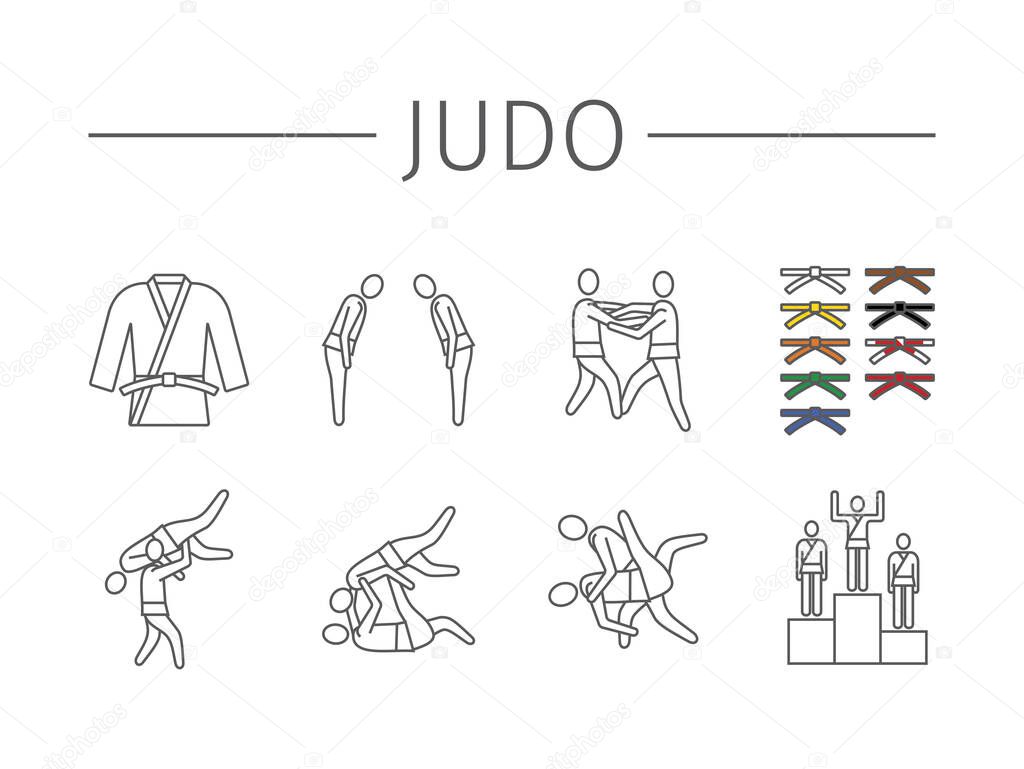 Judo fighters line icons. Vector signs for web graphics
