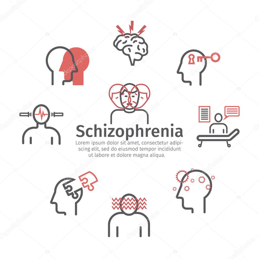 Schizophrenia. Symptoms. Icons set. Vector signs for web graphics