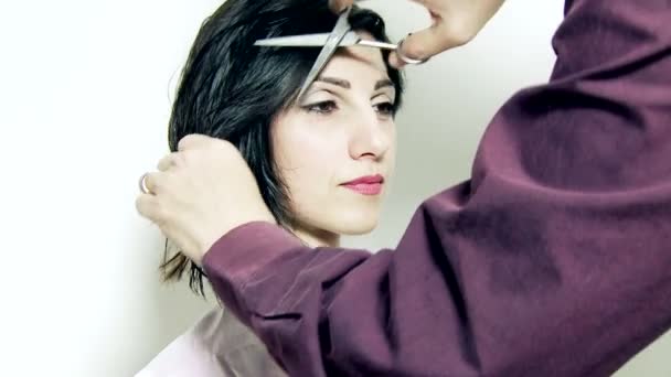 Modelo feminino recebendo corte de cabelo — Vídeo de Stock