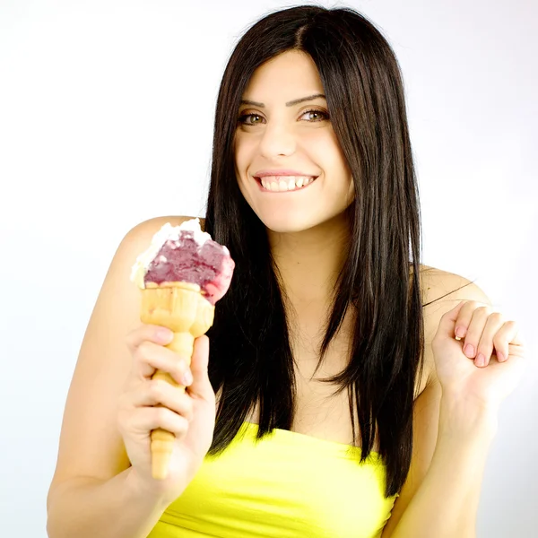 Happy woman with big ice-cream isolated — Stock Photo, Image