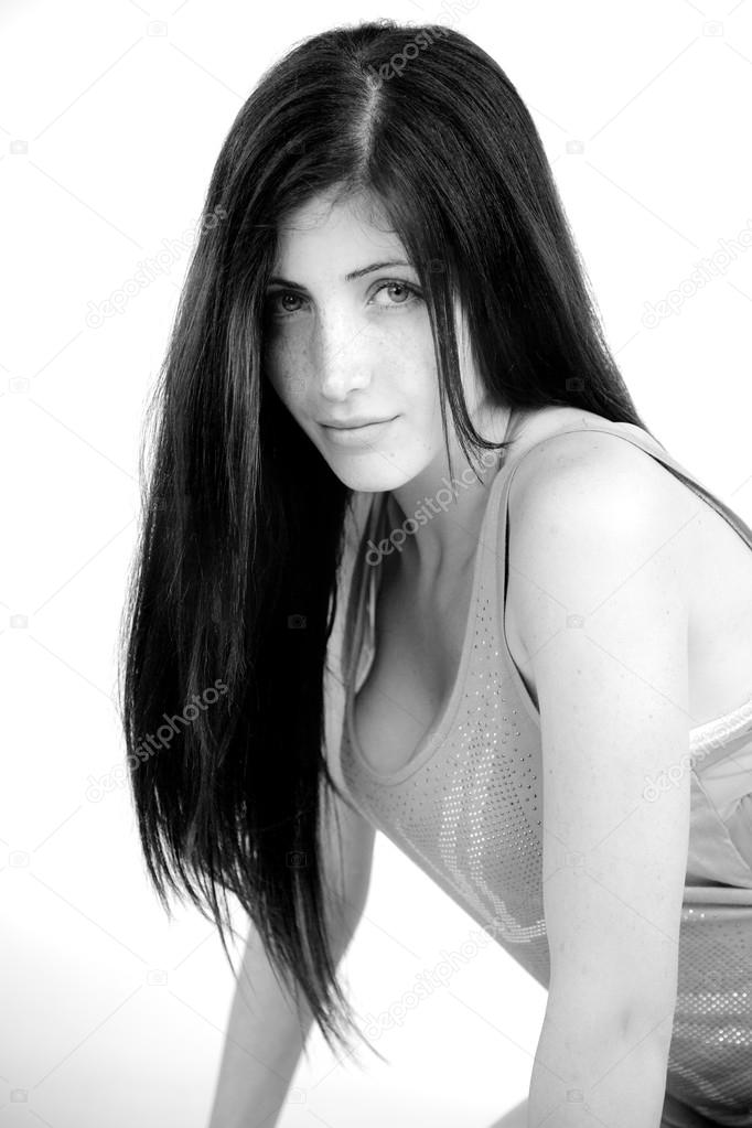Black and white portrait of cute woman with freckles stock photo Black and white portrait of cute woman with freckles stock photo