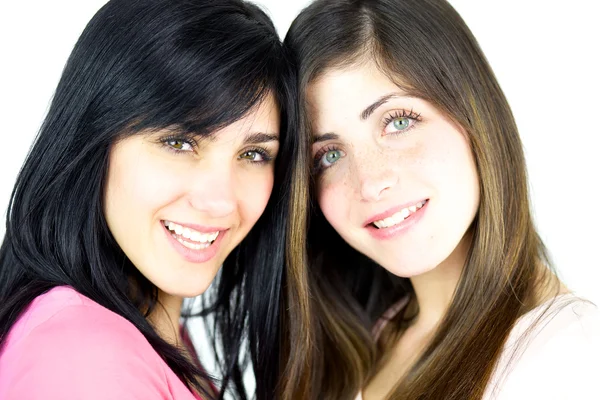 Happy girlfriends smiling looking camera — Stock Photo, Image