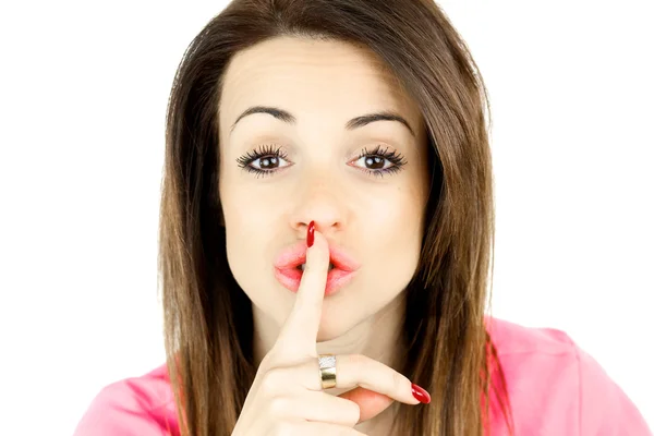 Kvinna med stora läppar gör tystnad tecken — Stockfoto
