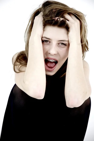 Female teenager screaming against violence — Stock Photo, Image