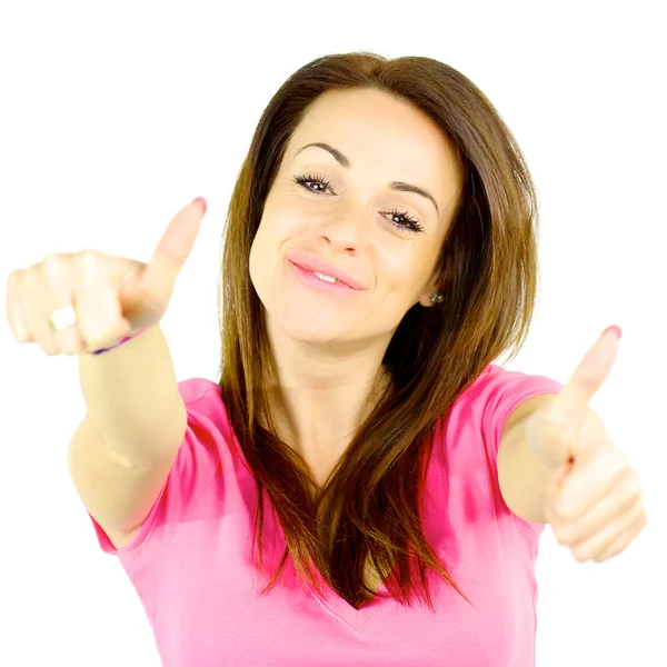 Cute woman thumb up isolated smiling looking camera — Stock Photo, Image