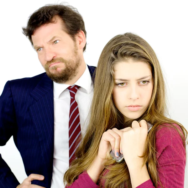 Man desperate about daughter having problem with technology addicted to cell phone — Stock Photo, Image