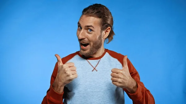 Smiling Young Man Showing Thumbs While Looking Camera Blue — Stock Photo, Image