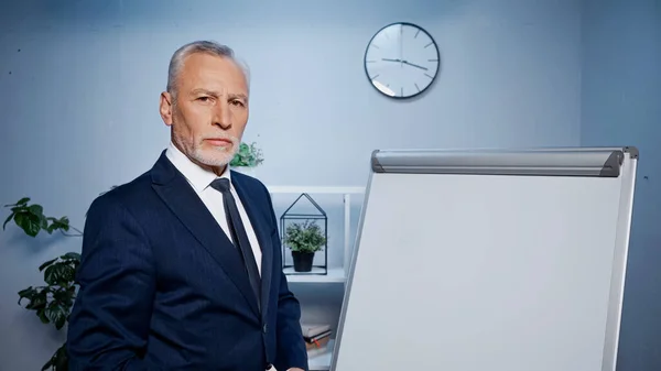 Hochrangiger Geschäftsmann Steht Neben Flipchart Büro — Stockfoto