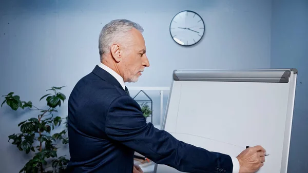 Älterer Geschäftsmann Schreibt Mit Filzstift Auf Flipchart Büro — Stockfoto