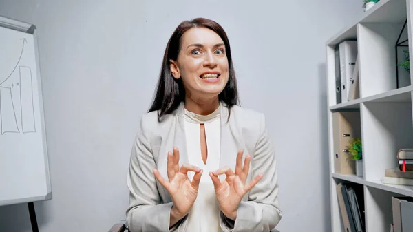 Smiling Businesswoman Showing Gesture Video Call Office — Stock Photo, Image