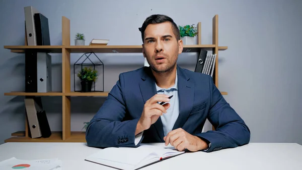 Manager Pen Talking Camera Video Call Office — Stock Photo, Image
