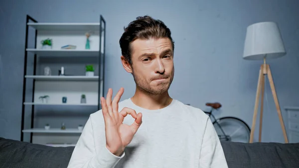 Young Man Showing Okay Gesture Video Chat — Stock Photo, Image