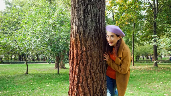 Opgewonden Vrouw Zoek Naar Camera Terwijl Verbergen Achter Boomstam Park — Stockfoto