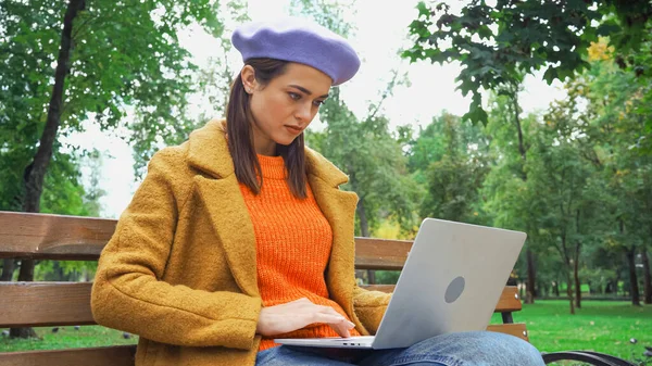 Concentrated Freelancer Autumn Clothes Typing Laptop Park — Stock Photo, Image