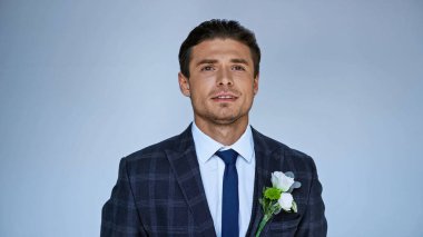 Gergin, zarif damat mavi üzerine izole bir şekilde bakıyor.