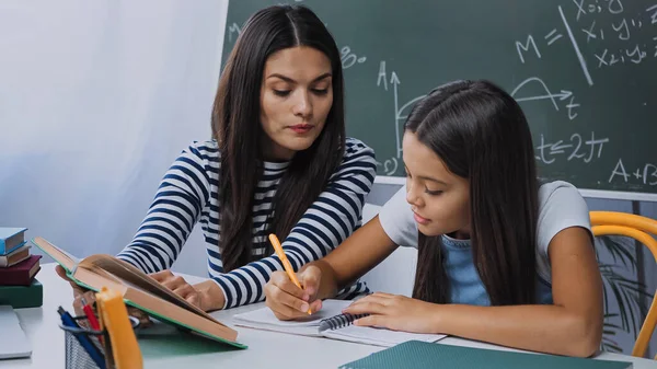 Mother Holding Book While Doing Homework Daughter — Stock Photo, Image