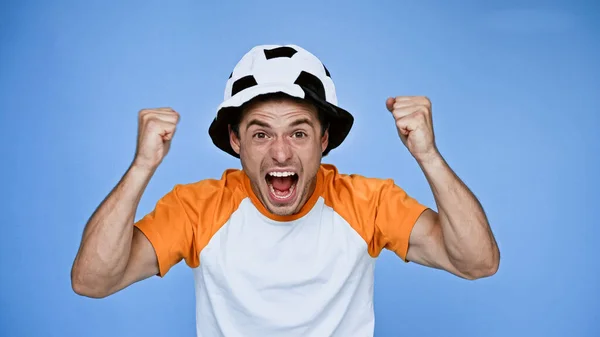 Excited Football Fan Shouting Showing Win Gesture Isolated Blue — Stock Photo, Image