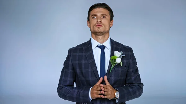 Tense Groom Looking Away While Waiting Isolated Blue — Stock Photo, Image