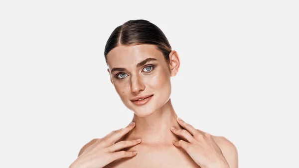 Happy Woman Naked Shoulders Makeup Looking Camera Isolated White — Stock Photo, Image